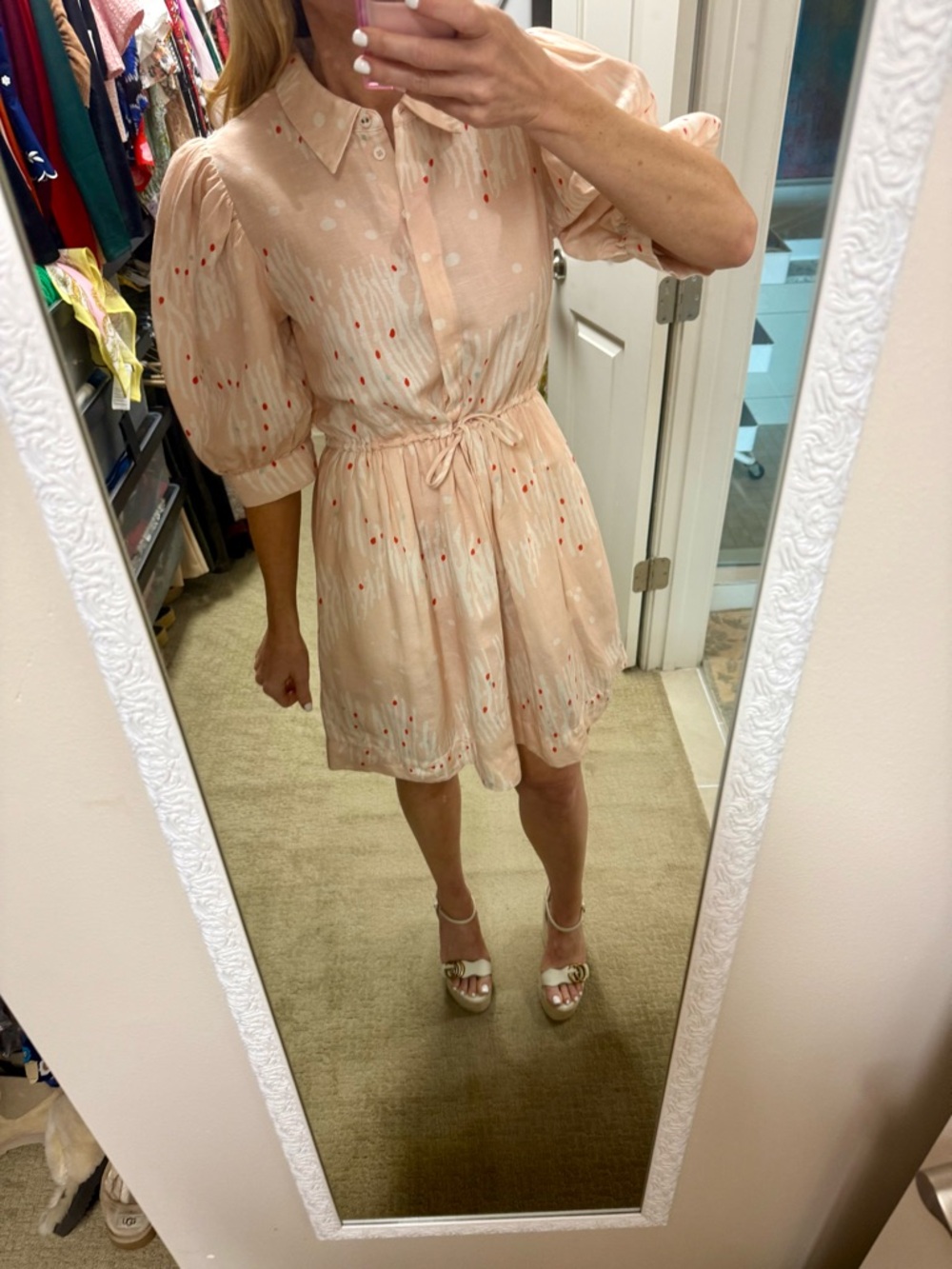 HUNTER BELL Peach Print Mini Linen Shirt Dress Puff Sleeve Tie Waist - Picture 3 of 5